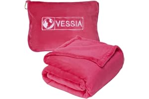 Vessia Travel Blanket for Airplane, Train and Car, Warm and Soft Travel Blanket and Pillow 2 in 1 for Adults and Kids, Portable Compact Long Flight Blanket with Luggage Sleeve, Backpack Clip(Hot Pink)