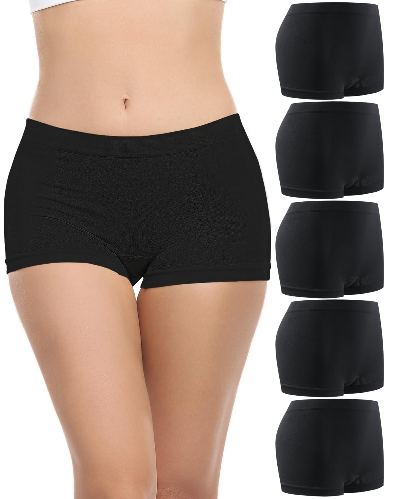 Photo 1 of Begrily Boy Shorts Underwear for Women, Ladies Nylon Stretch Comfort Flex Fit Seamless Boyshort Panties Boxer Briefs 5 Pack Black