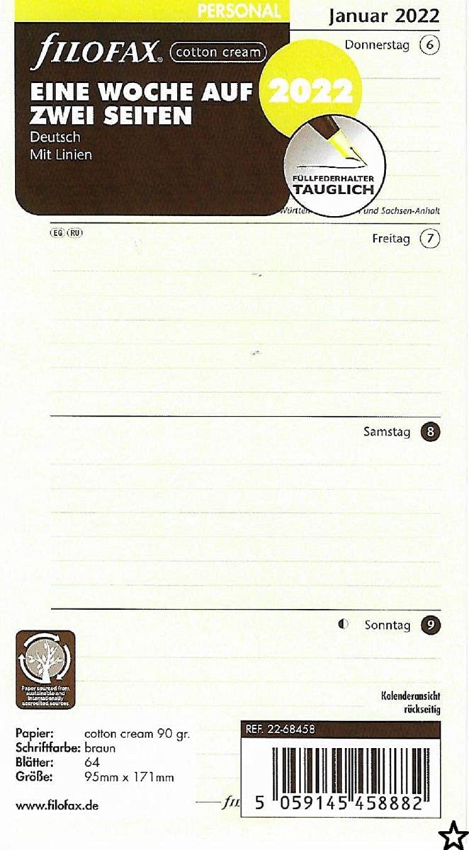 Filofax Personal 1 Week on 2 Pages Cotton Cream (German) 2022
