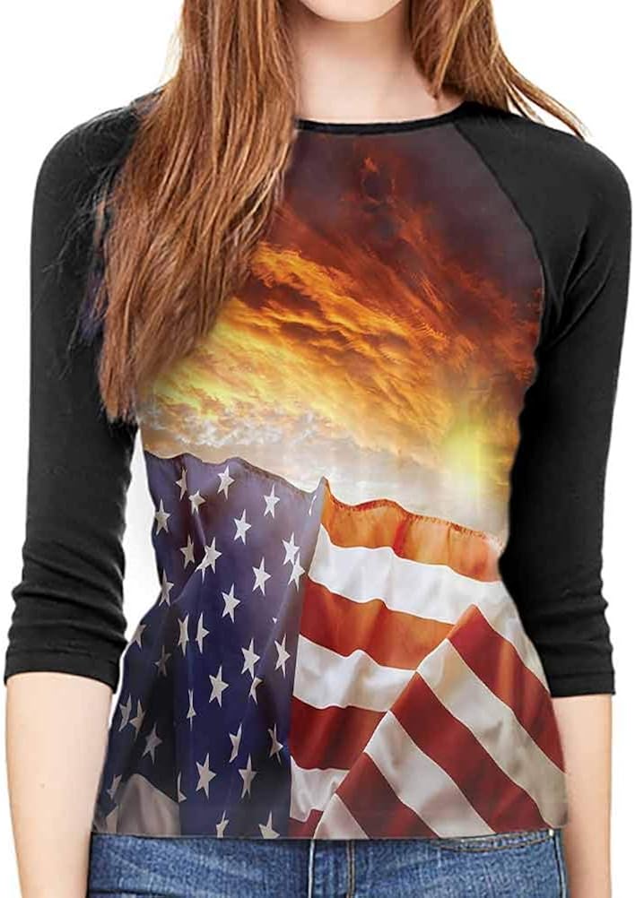 QIAOQIAOLO American Decor Women's Blouse 3/4 Sleeve Breathable Slim-fit Teens