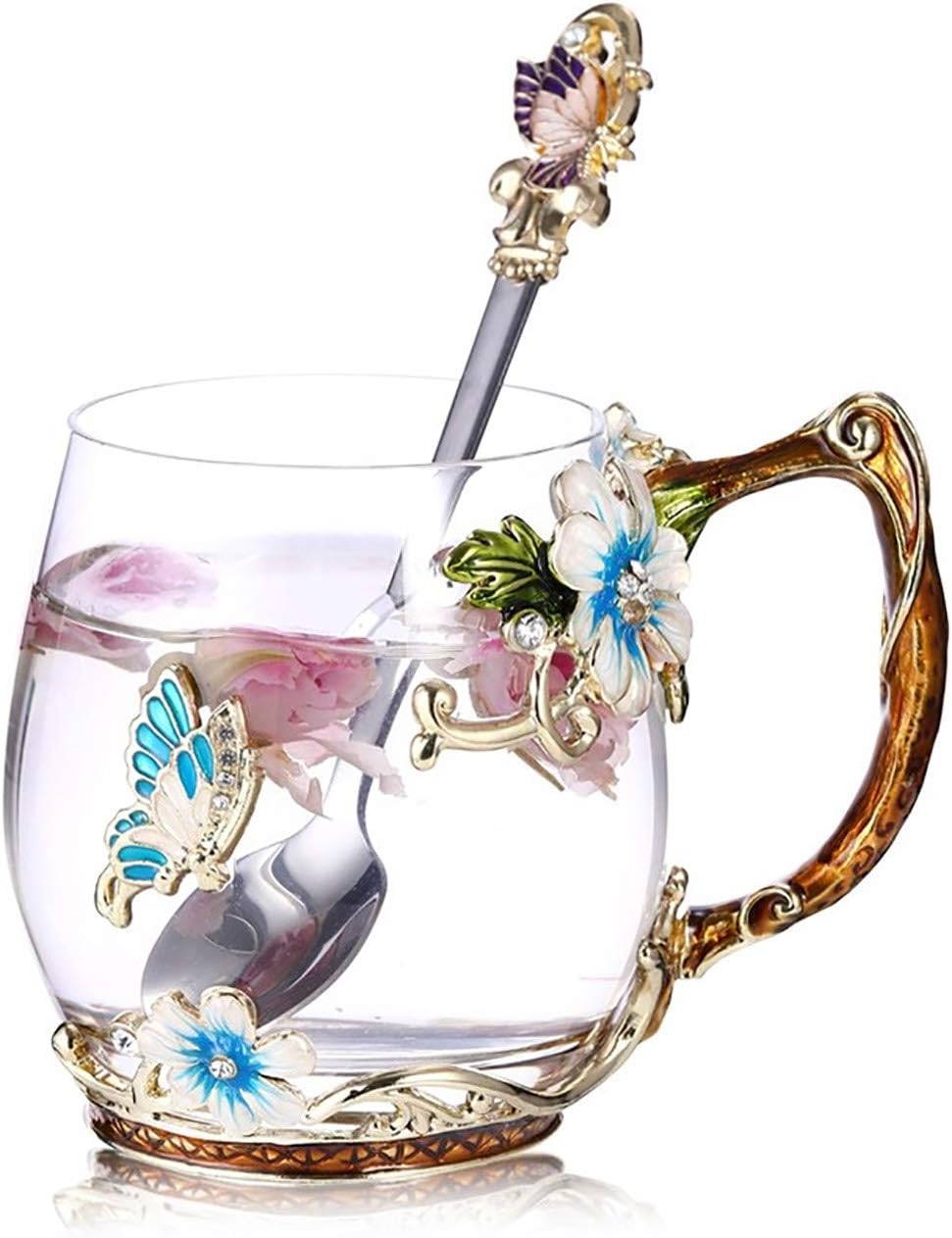 Luka Tech Handmade Enamel Butterfly Flower Glass Coffee Mugs Tea Cup with Spoon,Birthday Gifts for Her Women Mum Friends Valentines Mothers Day
