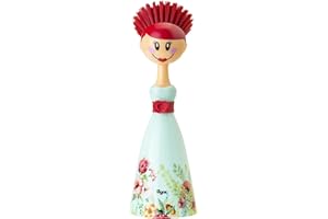 Vigar Dolls Dish Brush with Ergonomic Handle and Dres-shaped Storage Holder - Scrub Brush for Pans, Pots, Kitchen Sink Cleaning, Blue/Pink