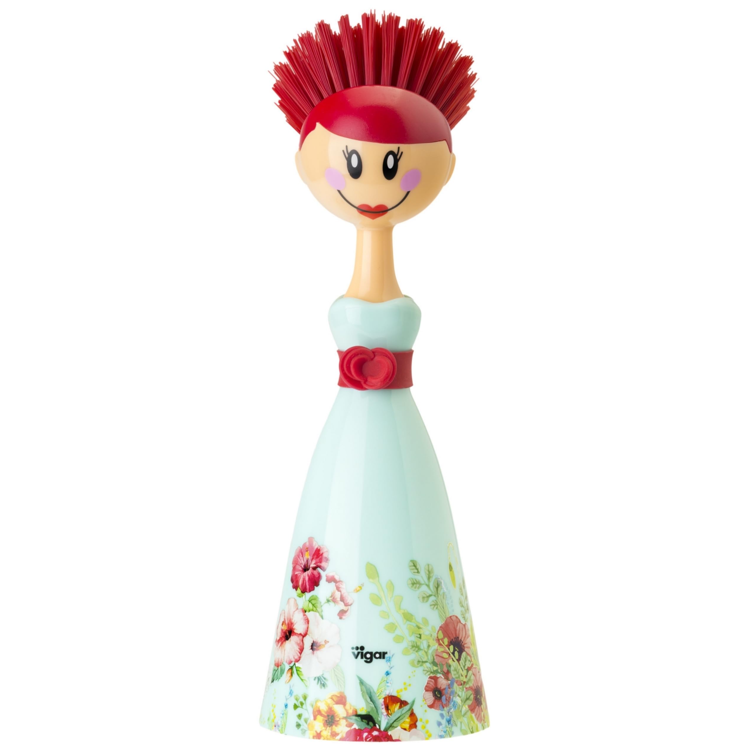 VIGAR - Dish Brush - Dress-Shaped Holder - 7.5 x 7.5 x 24.5 cm - Dolls Kalho - Nylon Bristles - Won't Scratch Crockery - Turquoise