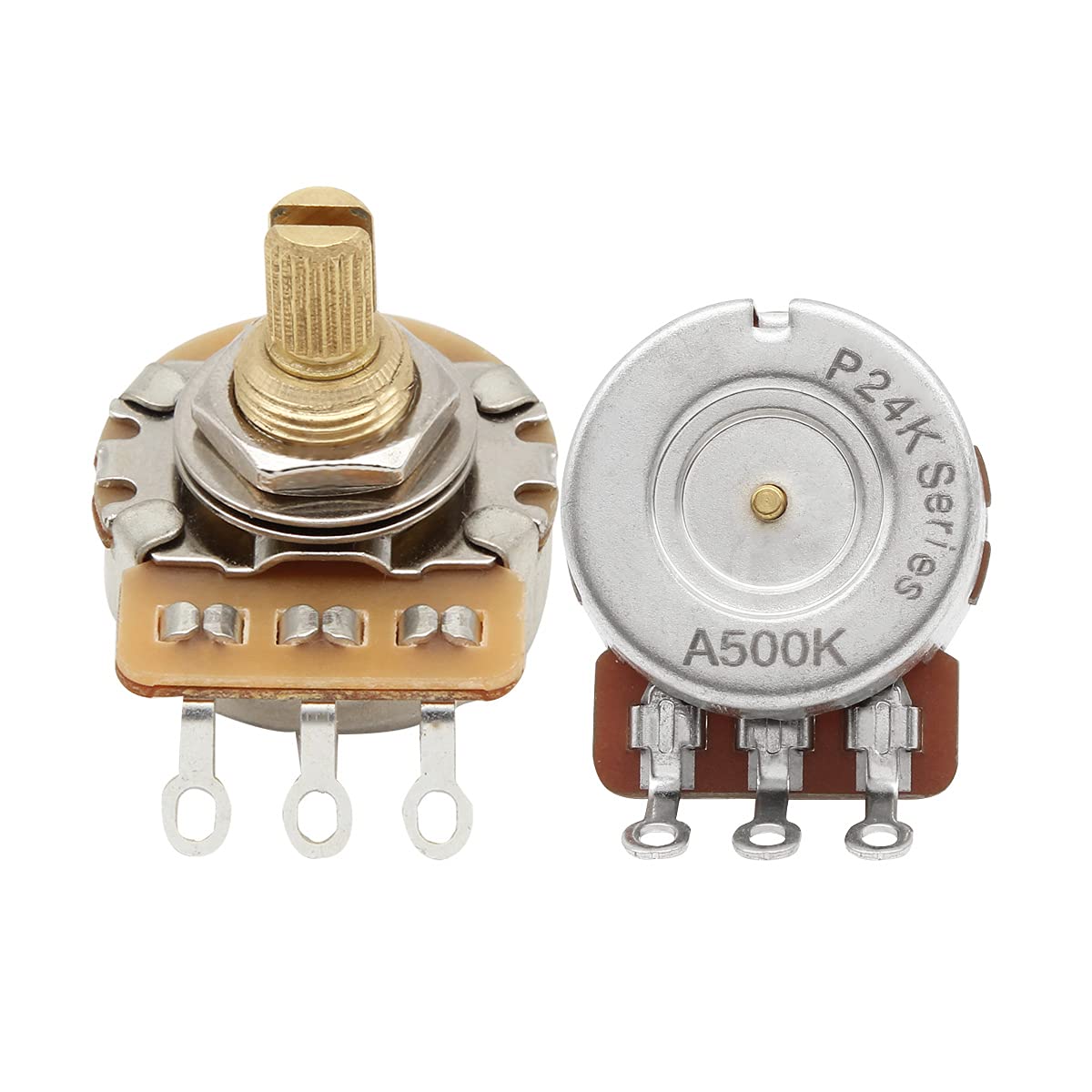 FLEOR Short Brass Shaft Control Pots A500K Audio Taper Potentiometers 24 Spline Split Shaft D3/8" for Electric Guitar Control Volume Tone, Pack of 2