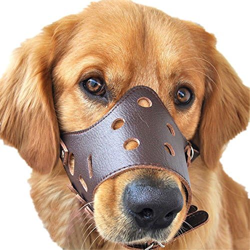 Adjustable Anti-biting Dog Muzzle Leather,Breathable Safety Pet Puppy Muzzles Mask for Biting and Barking (L, Brown)
