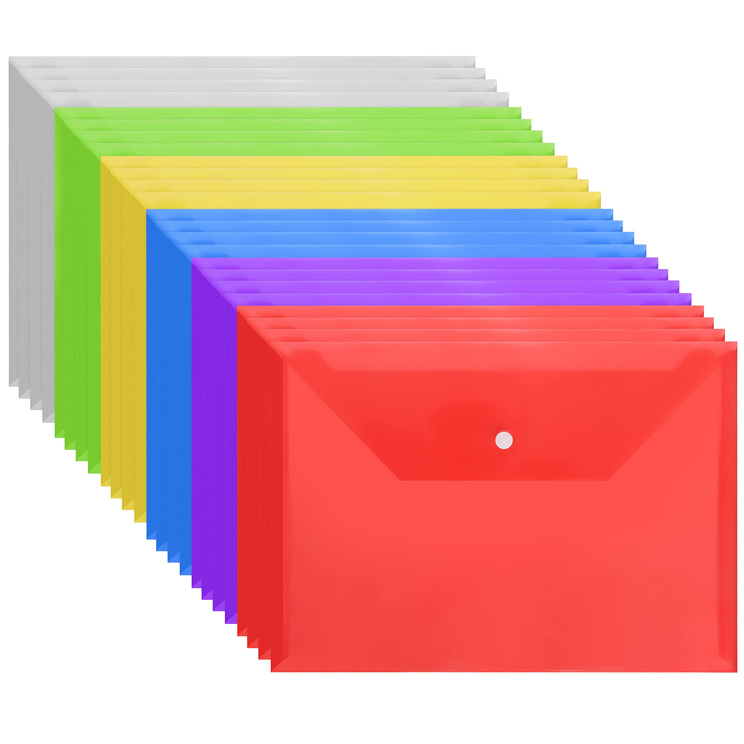 Belle Vous A4 Clear Plastic Wallets (24 Pack) - Assorted Colours Poly Folder with Button Popper Closure - Home, Office & School Organisation Wallet - Document Paperwork, Recept, Certificate & Envelope