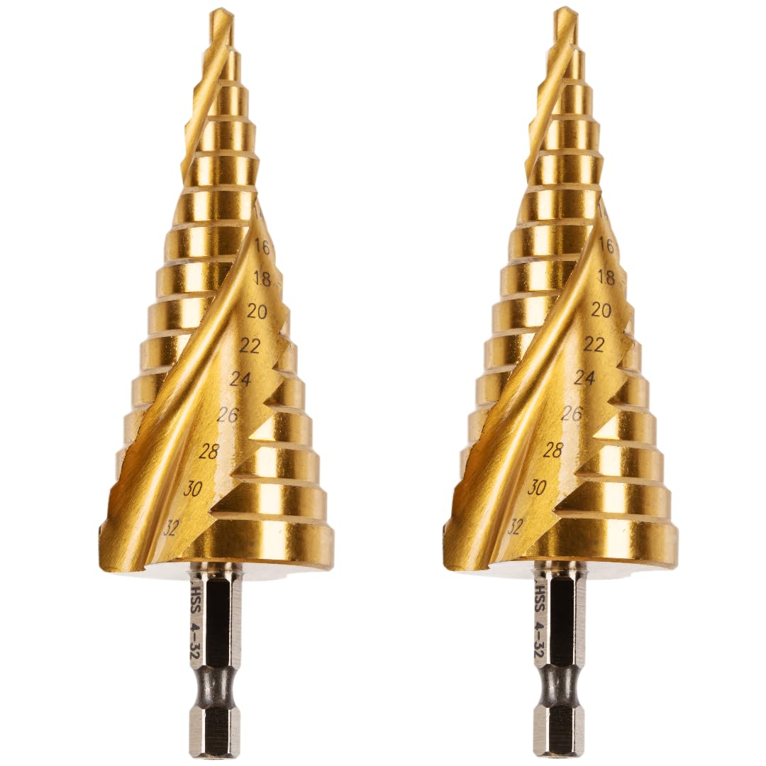 2 Pack - 4mm to 32mm Spiral Flute Step Drill Bits High Speed Steel Titanium Coated, Metric Hex Shank, HSS Tool Set for DIY Plastic Wood Steel Metal Aluminum. Cone Cutter Hole Cutter Drill Bits — image 1