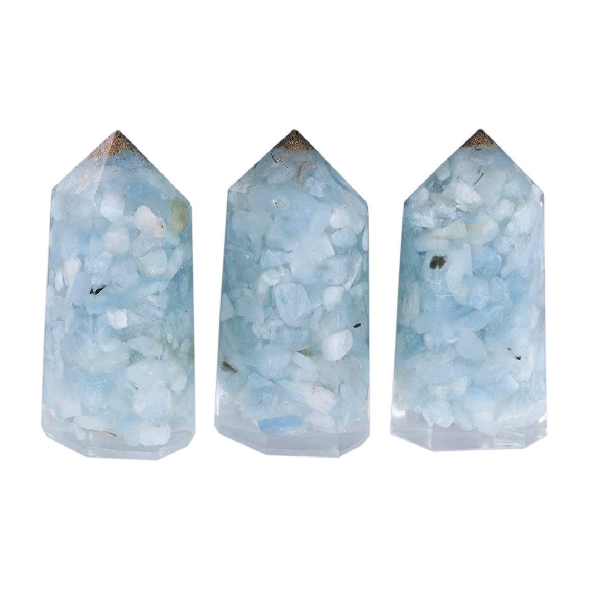 mookaitedecor Set of 3 Aquarine Healing Crystal Wands 2 Inch, Polished Tumbled Stone Points 6 Faceted Reiki Chakra Meditation Therapy Decor