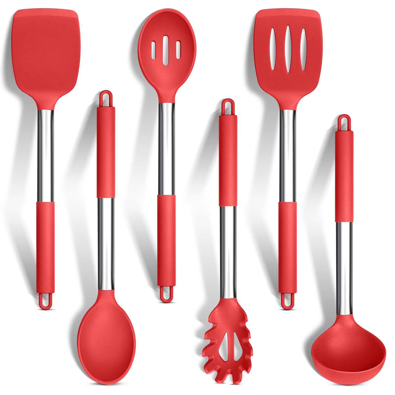 HaWare Kitchen Utensils Set, 6 Pcs Silicone Cooking Utensils Include Ladle Turner Spoon Pasta Server, Heat Resistant Kitchen Tools with Stainless Steel Handle, Non-Stick Cookware Friendly - Red