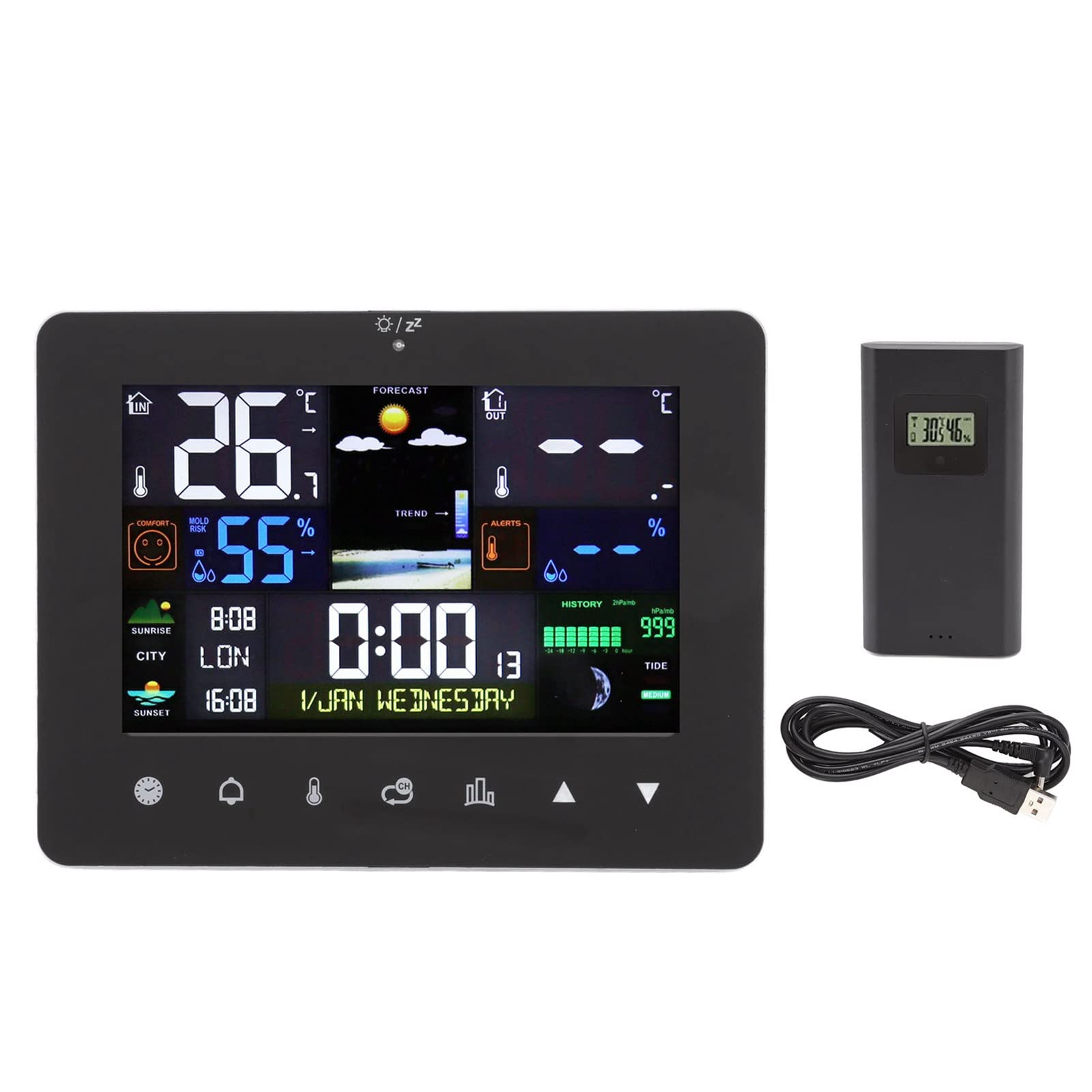 Jeanoko Indoor Outdoor Thermometer, Weather Clock Humidity Temperature Sensor Meter Thermometer Color Display Weather Station with Atomic Clock for Home Officedaily decoration