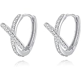 Reffeer Solid 925 Sterling Silver Letter X Hoop Earrings for Women Teen Girls CZ Hoop Earrings Huggie