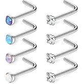Ruifan 22G 316L Surgical Steel 1.5mm 2mm 2.5mm 3mm Jeweled Opal & Clear CZ Nose L-Shaped Rings Studs Ring Body Piercing Jewelry 8PCS