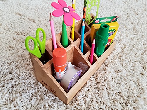 Small Multifunctional Bamboo Organizer | Desk Caddy | Home Office Accessory Tray | School Art Supply Holder | Pen Pencil Brush Compartment | Kitchen Bathroom Countertop Storage by SplashSoup