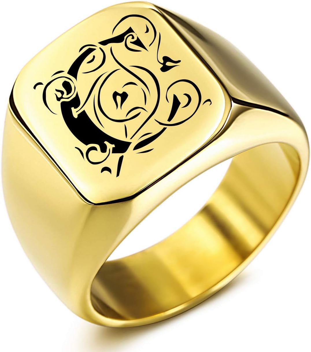 MeMeDIY Custom Engraved Initial Monogram Signet Ring For Men Women Boys Mens Rings Stainless Steel, Bundle with Ring Size Adjusters (Black Blue Silver Gold Colors, Size N-Z+3)