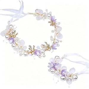 2 Pieces Rhinestone Pearl Wedding Flower Headpieces Wrist Flower Purple Set Bridal Tiara Hair Accessories for Women Wedding P