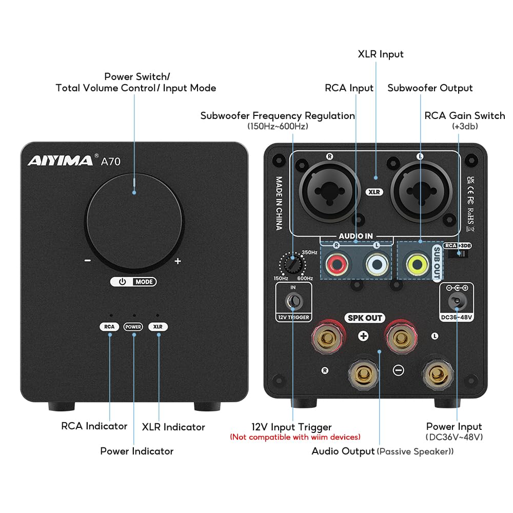 AIYIMA A70 Balanced Stereo Amplifier with PFFB,TPA3255 2 Channel Class D Amp for Desktop Home Theater Bookshelf Speaker,with XLR&RCA Inputs&Trigger Input (A70 + DC48V 5A Power Adapter)