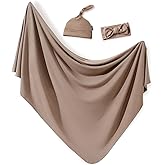 GRSSDER Newborn Swaddle Blanket, Ultra Soft Jersey Receiving Blanket with Matching Headband and Beanie Set 33×44", Stretchy Baby Neutral Swaddle Wrap for Girls and Boys