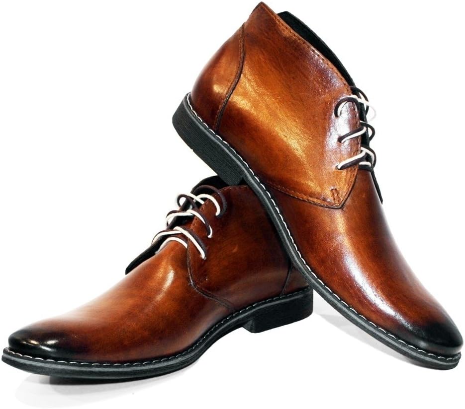 Modello Buqe - Handmade Italian Leather Mens Color Brown Ankle Chukka Boots - Cowhide Hand Painted Leather - Lace-Up