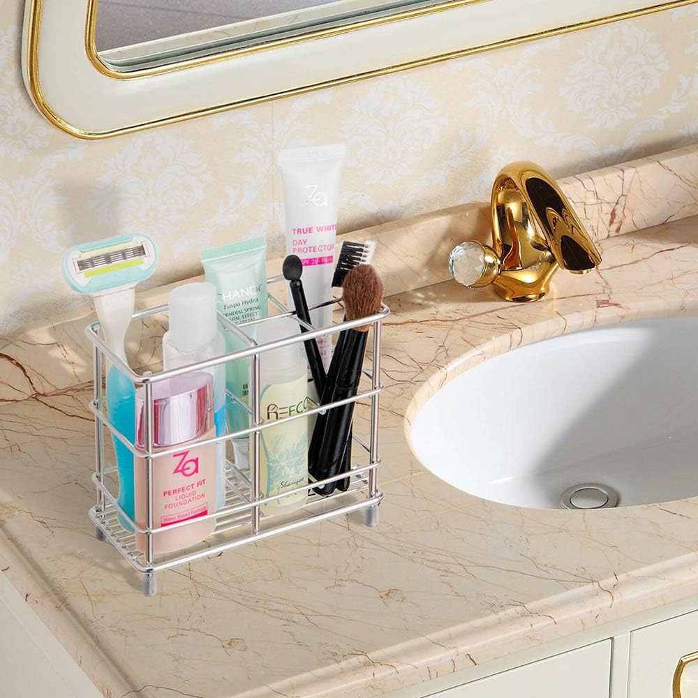 YONGJIE Stainless Steel Bathroom Toothbrush Holder Toothpaste Holder Stand, Wall-Mounted or Countertop Multi-Function Bathroom Storage Rack with Powerful Self-Adhesive: Home & Kitchen