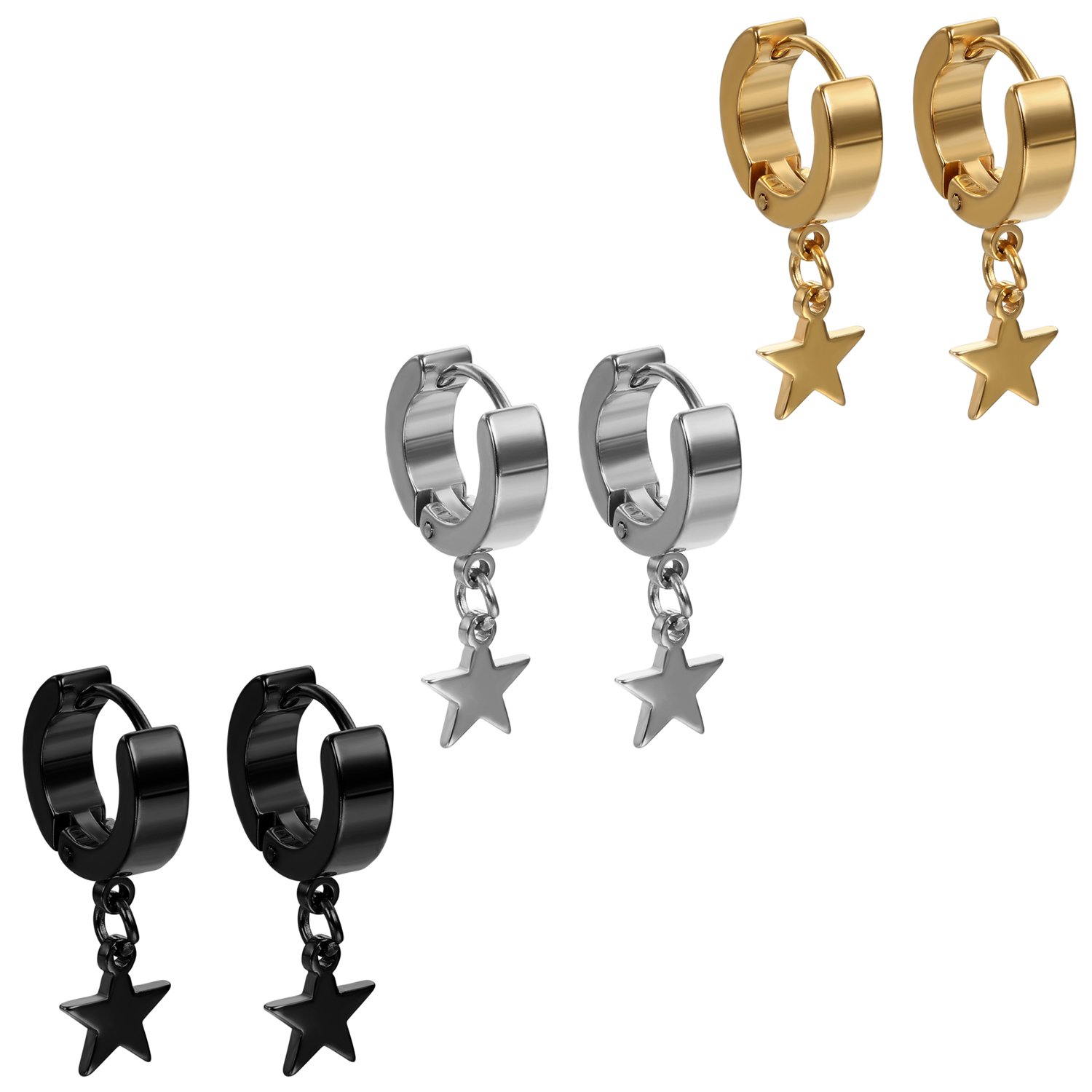 Flongo Pendientes de estrellas Hombre mujer pendientes de aro acero inoxidable Pendientes
