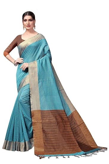 Paradise Creation Womens Cotton Silk Saree with Unstitched Blouse Piece (Turquoise Blue)