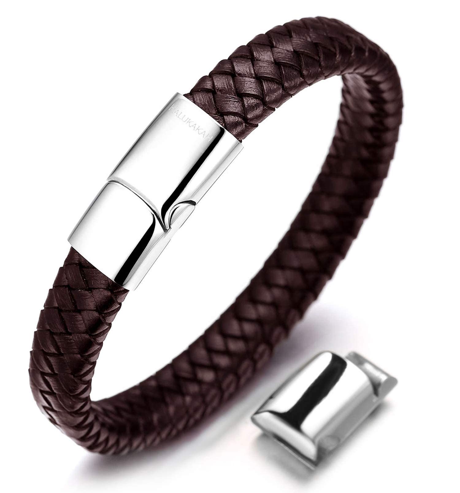 HALUKAKAH Kids ● Solo Junior ● Boy's Genuine Leather Bracelet Brown 6-12+3 Y/O. Titanium Magnetic Clasp Size Adjustable 7"-7.7"(18-19.5cm) with Free Giftbox — image 1