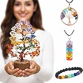 Seven Chakra Crystal Tree of Life with Bracelet & 2 Pendants � Feng Shui Bonsai Decor Healing Crystals Spiritual Gifts for Cute Home Room & Desk Decor, Gifts for Women, Mom, Friend Her & Sister