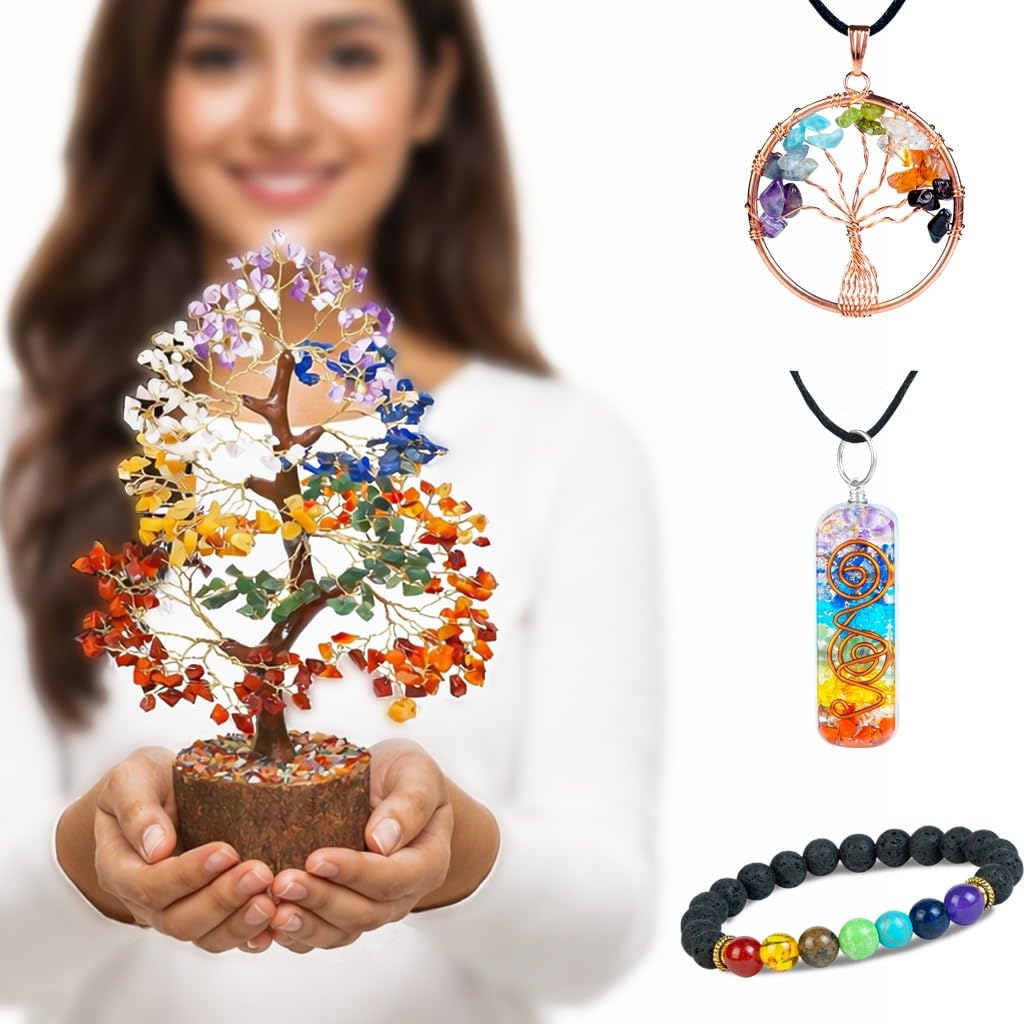 Crocon® Seven Chakra Crystal Tree of Life with Bracelet & 2 Pendants Feng Shui Bonsai Decor Healing Crystals Spiritual Gifts for Cute Home Room & Desk Decor, Gifts for Women, Mom, Friend Her & Sister