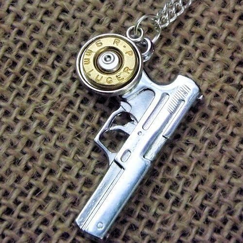 Brass 9mm Gun Bullet Necklace witth Pistol Charm | Bullet Jewelry