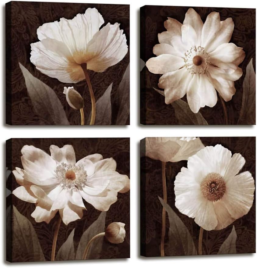 Paintings - Canvas Wall Art Contemporary Simple Life White Flowers Floral Painting for Home Bedroom Decor - 4 Panels Framed Artwork Prints Brown HD Pictures for Living Room Bathroom Decor 12