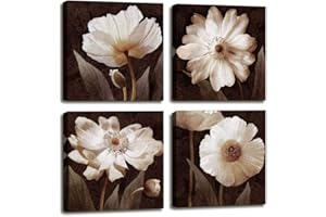 MOYEDECOR ART Canvas Wall Art Contemporary Simple Life White Flowers Floral Painting for Home Bedroom Decor - 4 Panels Framed Artwork Prints Brown HD Pictures for Living Room Bathroom Decor 12"x12"Inchx4pcs