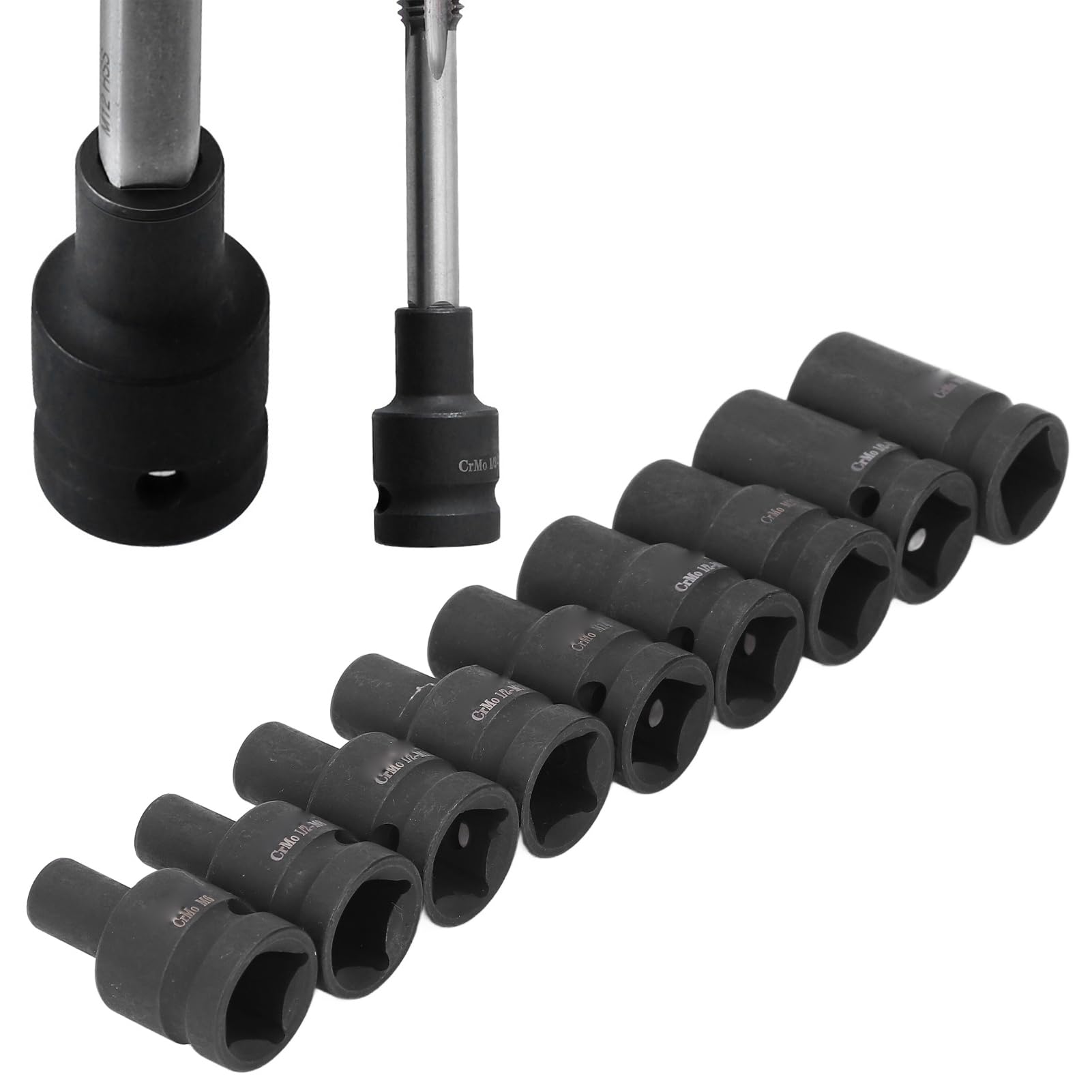 Tap Socket Set, 9 Pieces Square Tap Sockets with 1/2 Inch Drive, Cr Molybdenum Steel, with Clear Marking, Slim Design, for Electric Pneumatic Hand Wrench