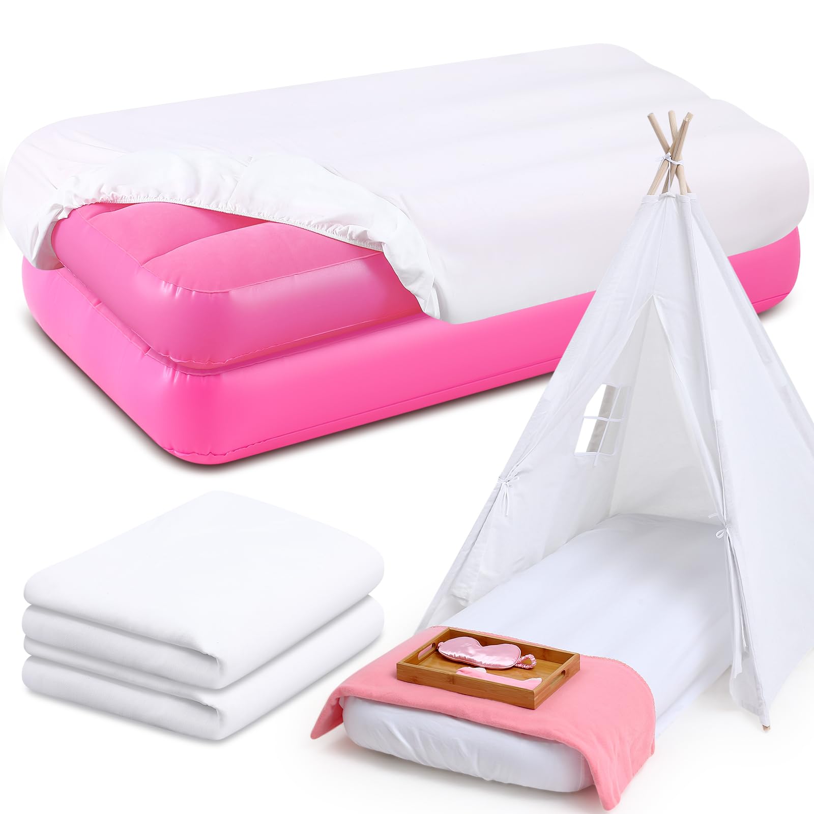 Photo 1 of Windyun Kids Air Mattress Bulk with White Fitted Sheet,Toddler Inflatable Bed 63 x 27 x 8 Inches Blow up Airbed Camping Sleeping Pad for Kids Aged 3-10 Years Old(2 Set)