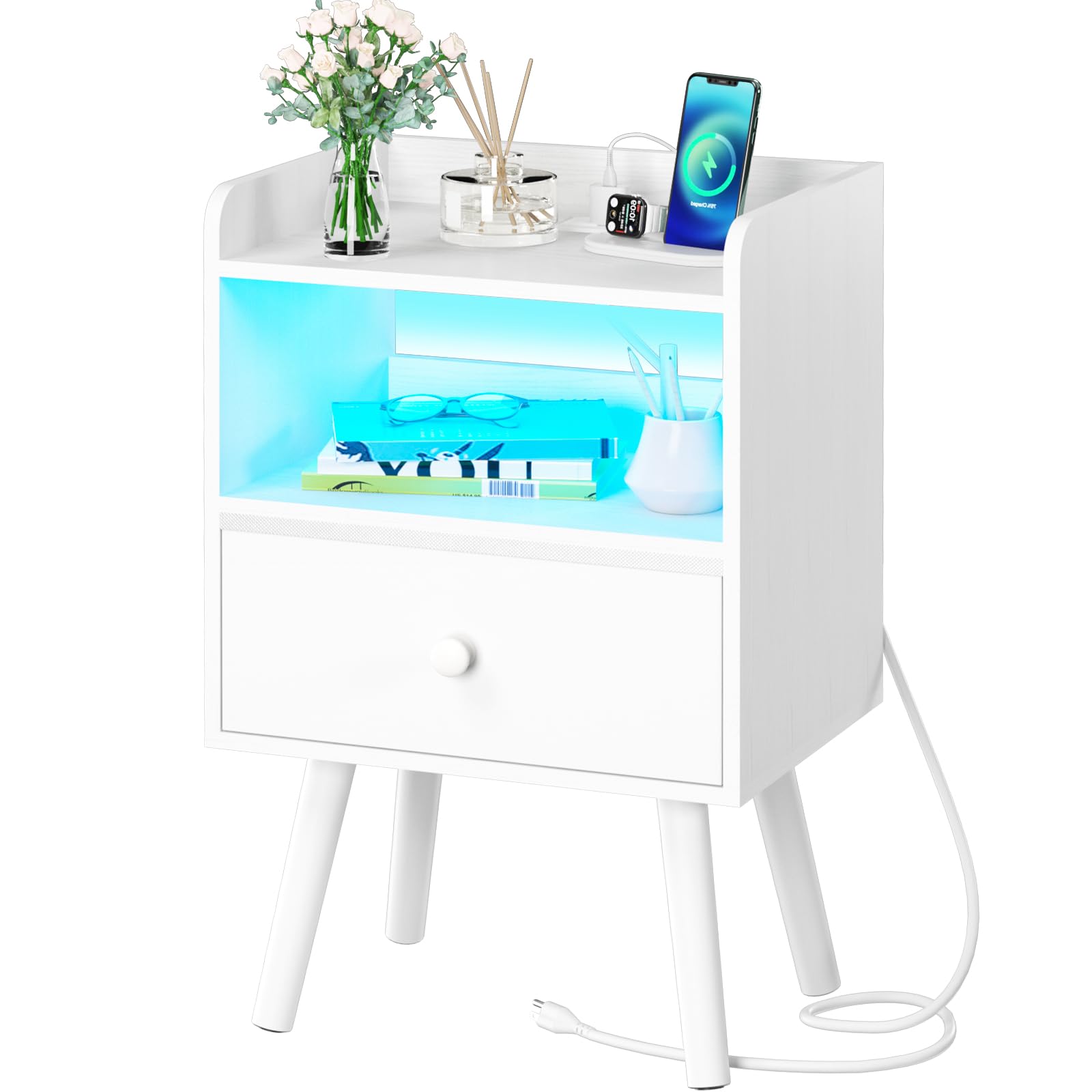 Photo 1 of Yoobure Nightstand with Charging Station, Modern Night Stand with LED Lights, Wood Nightstands with Fabric Drawer & Storage Shelf, Night Stands Bedside Table with USB Ports for Bedroom, Office, Home