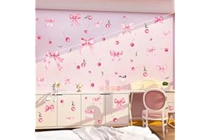 Vomika 48PCS Pink Bow Wall Decals, Watercolor Coquette Cherry Wall Stickers, Light Pink Bow Knot Wall Art Decor, Bowtie Fruit