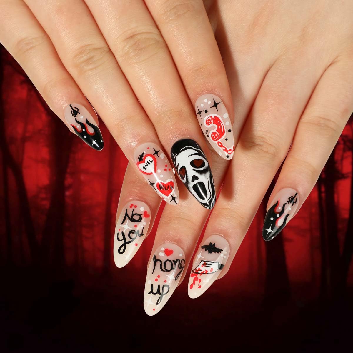 Carufin 24 Pcs Spider Red Heart Skull Face False Medium Long Halloween Snake and Scorpion Fake Press On False Nails (B)