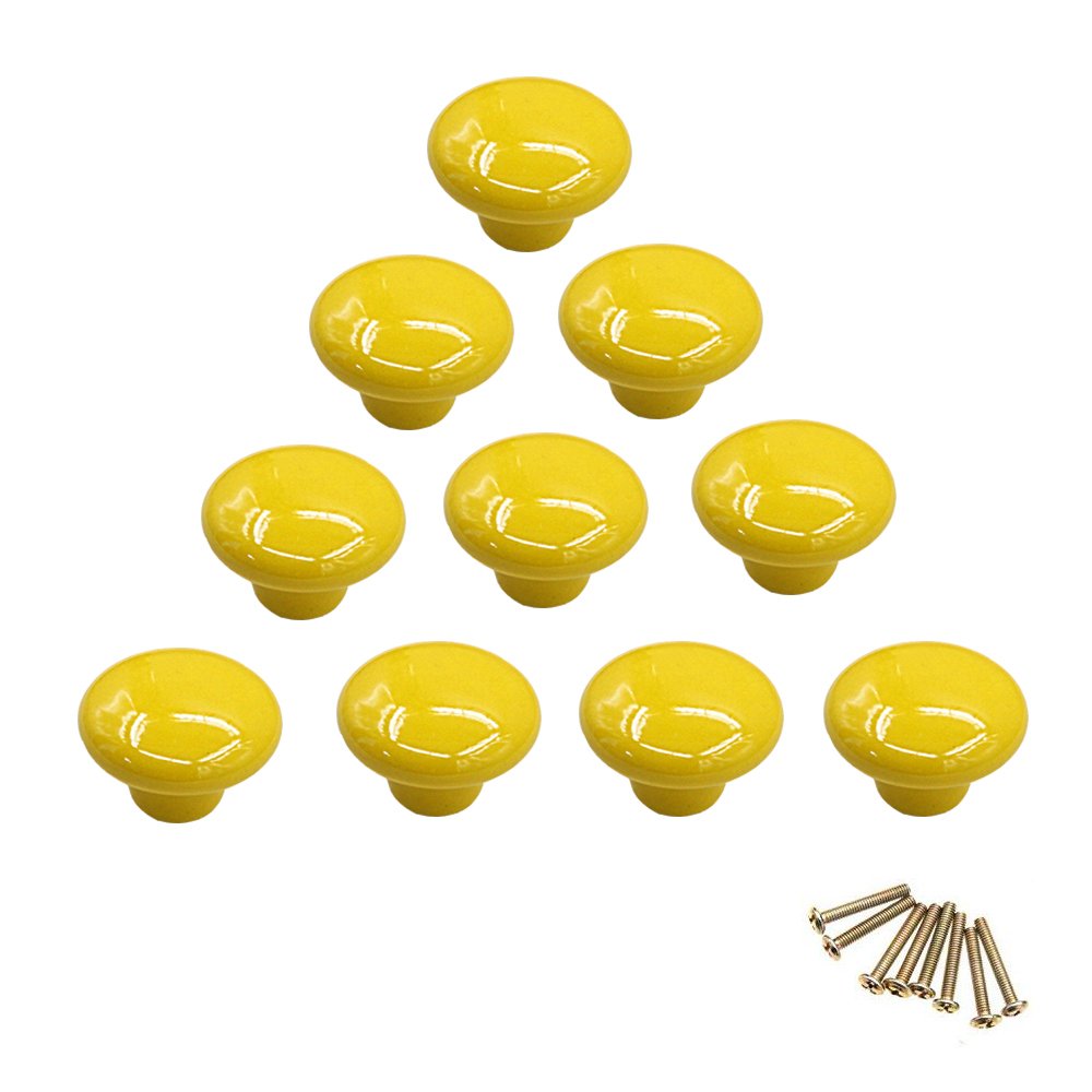 NUODWELL 10Pcs Round Colorful Ceramic Cabinet Knobs Single Hole Pull Handle for Drawer,Cupboard,Dresser,Door (Yellow)