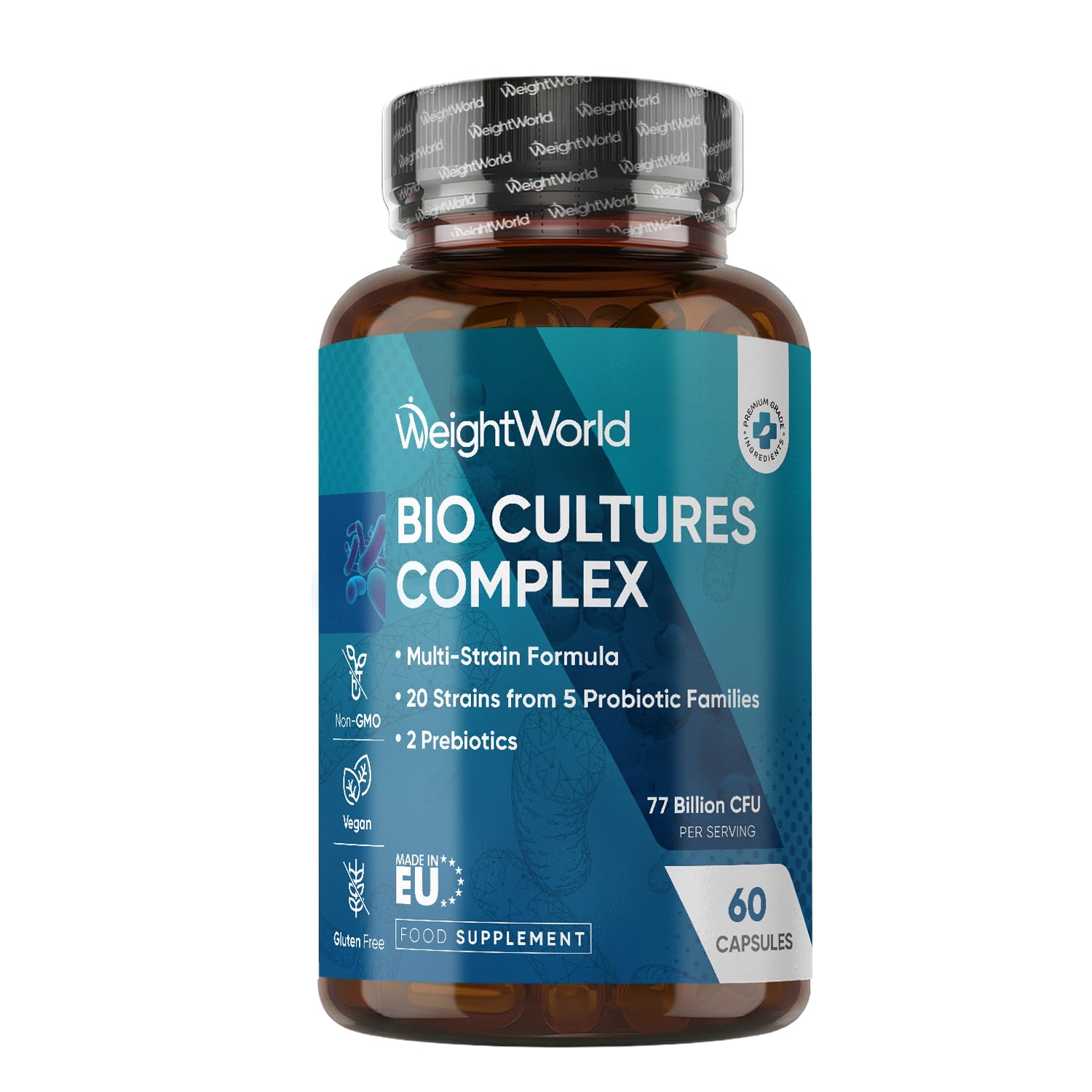 Bio Cultures Complex Probiotics and Prebiotics - 77 Billion CFU - 20 Live Cultures - 60 Capsules - Strains Like Lactobacillus Acidophilus & Casei - Prebiotic and Probiotic Supplements for Women & Men