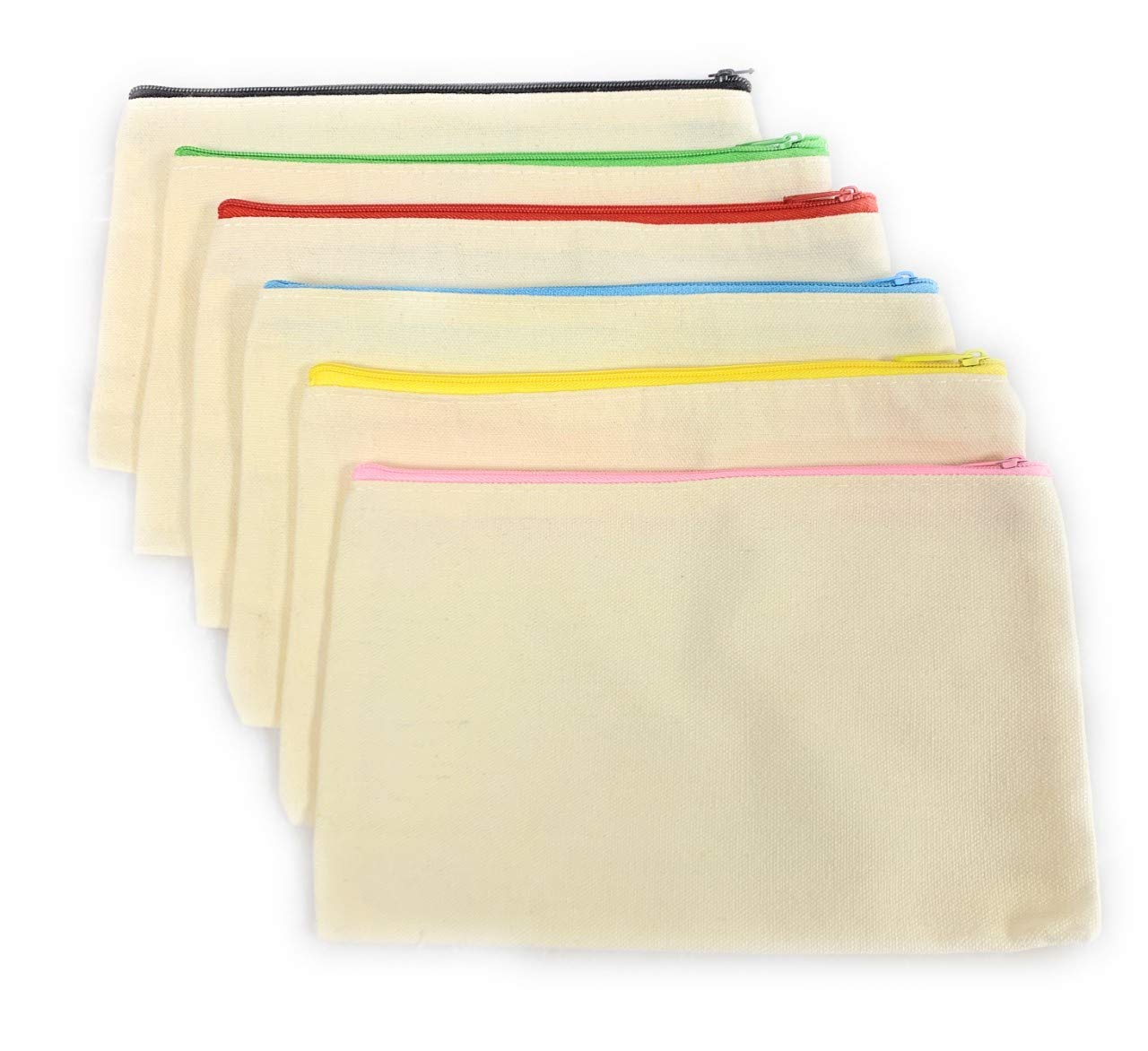 6 Large Canvas Makeup Bags Set Rainbow Zips Zipper Pouch Bag Pencil Case Blank DIY Craft Art UK