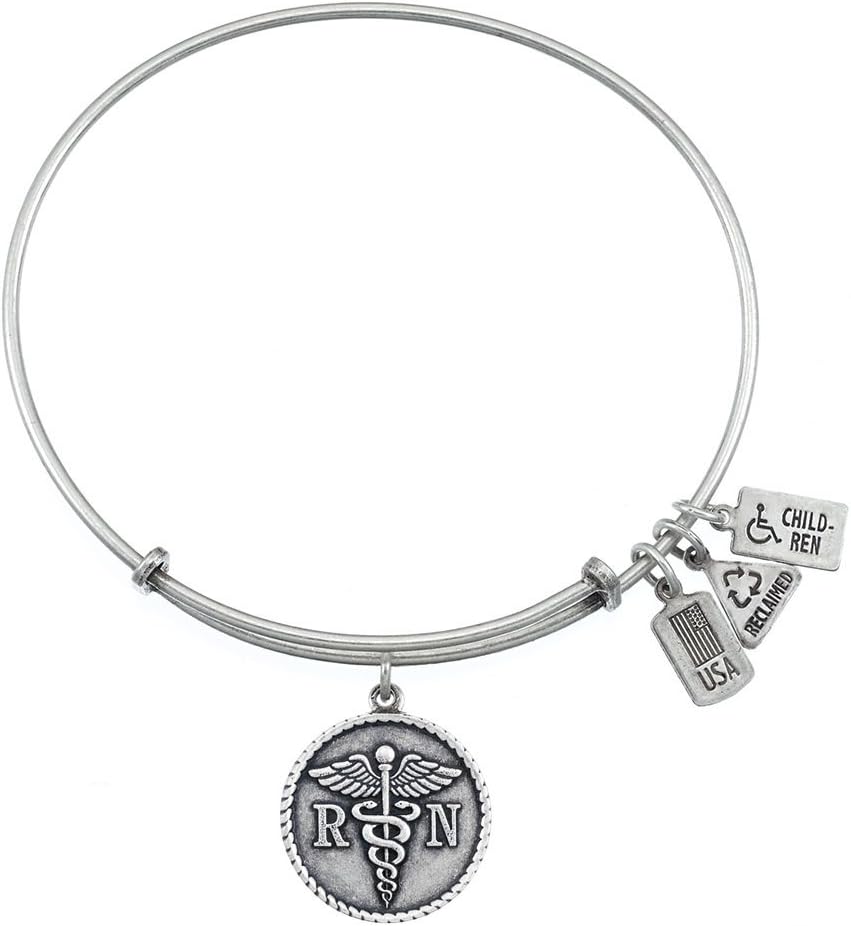 Wind and Fire RN/Caduceus Charm Bangle Silvertone Finish