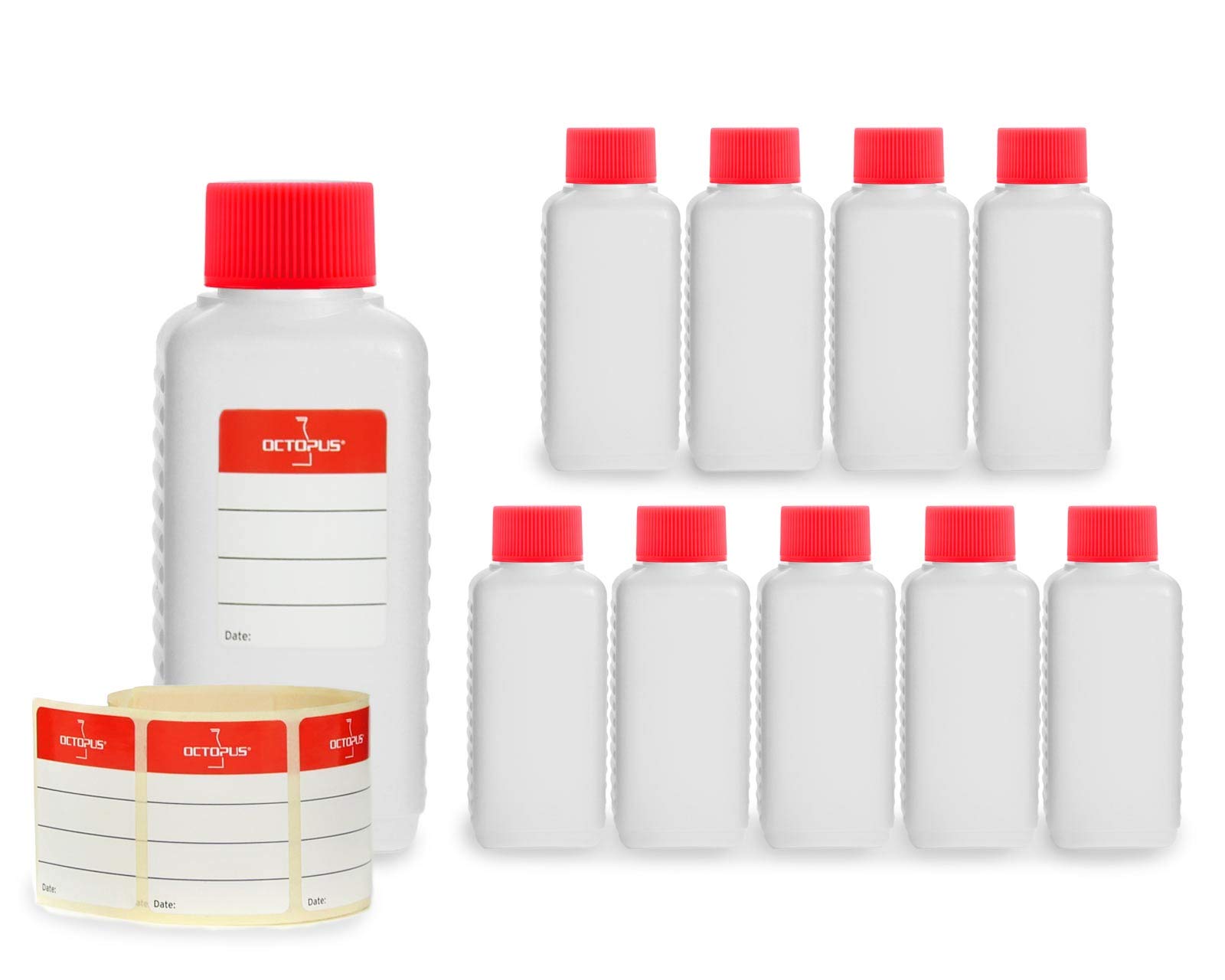 Octopus 10 x 100 ml plastic bottles, HDPE plastic bottles with red screw caps, empty bottles with red screw caps, square bottles incl. 10 labels