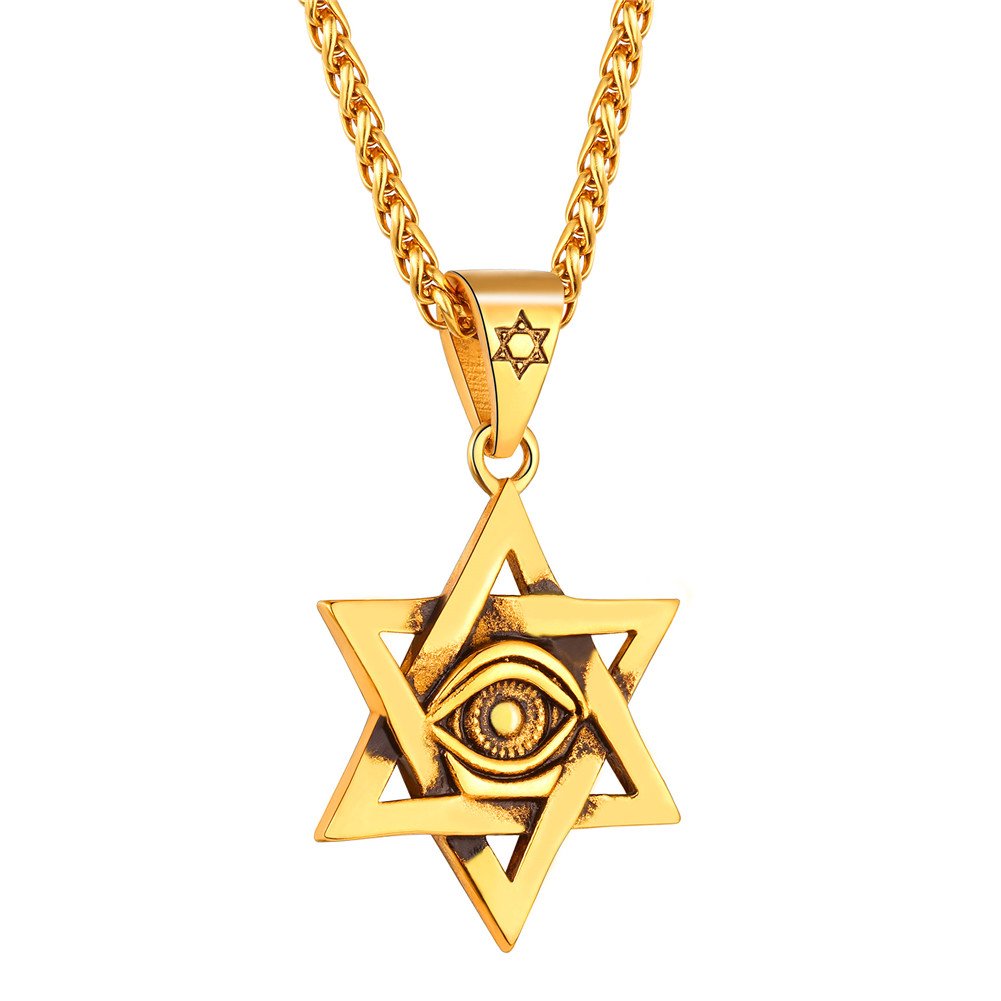 U7 Gold Hexagram Necklace For Men, Star of David With Eye Pendant Bat Mitzvah Chain, Present For Boyfriend, Gold Plated Stainless Steel Jewish Magen Jewellery For Boys — image 1