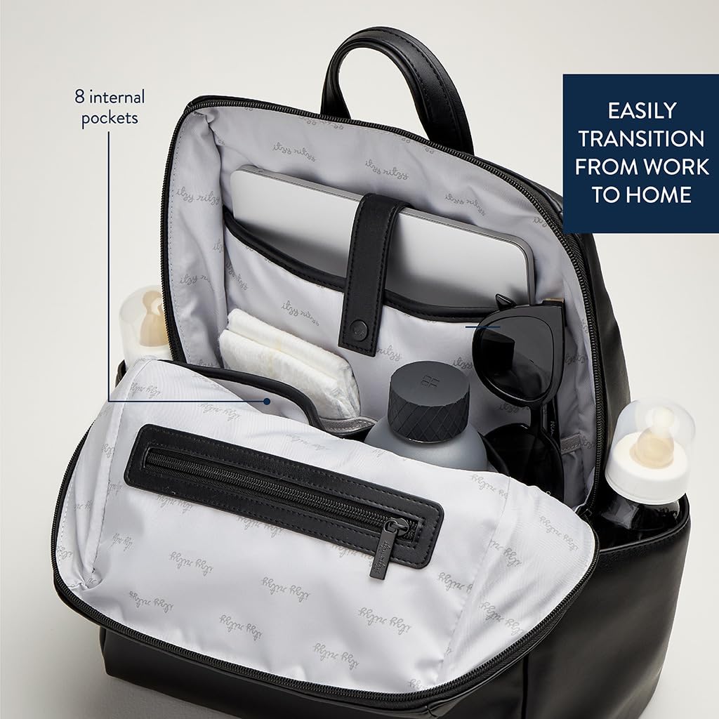 Itzy Ritzy Eras Diaper Bag Backpack – Large Capacity Sleek Daddy Diaper Bag for Men Featuring Neutral Design, 15 Pockets, Changing Pad, Stroller Straps, and Comfortable Backpack Straps, Black