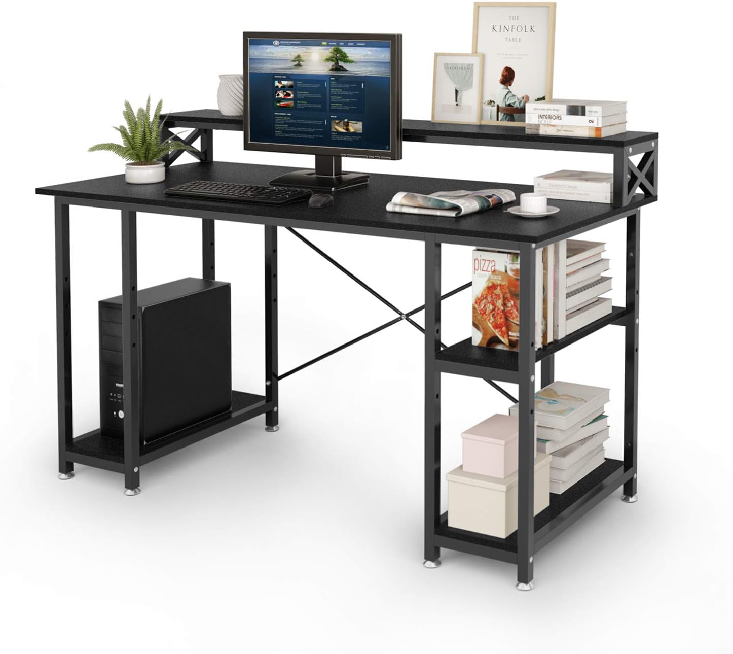 SEISSO Modern Computer Desk with 2 Tier Adjustable Storage Shelves, 55 Inch Multi Level Workstation Writing Table Pc Laptop Gaming Desk for Home Office Student Study Bedroom Small Space (Black)