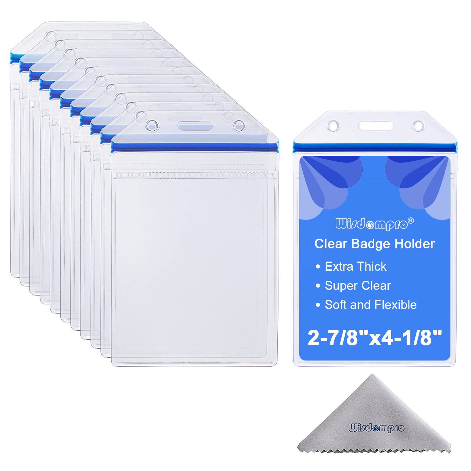 Wisdompro ID Card Holder, 10 Pack Clear Extra Thick Heavy Duty Vinyl Badge Holder with Ziplock for Multiple Cards - Blue Zip (Vertical)