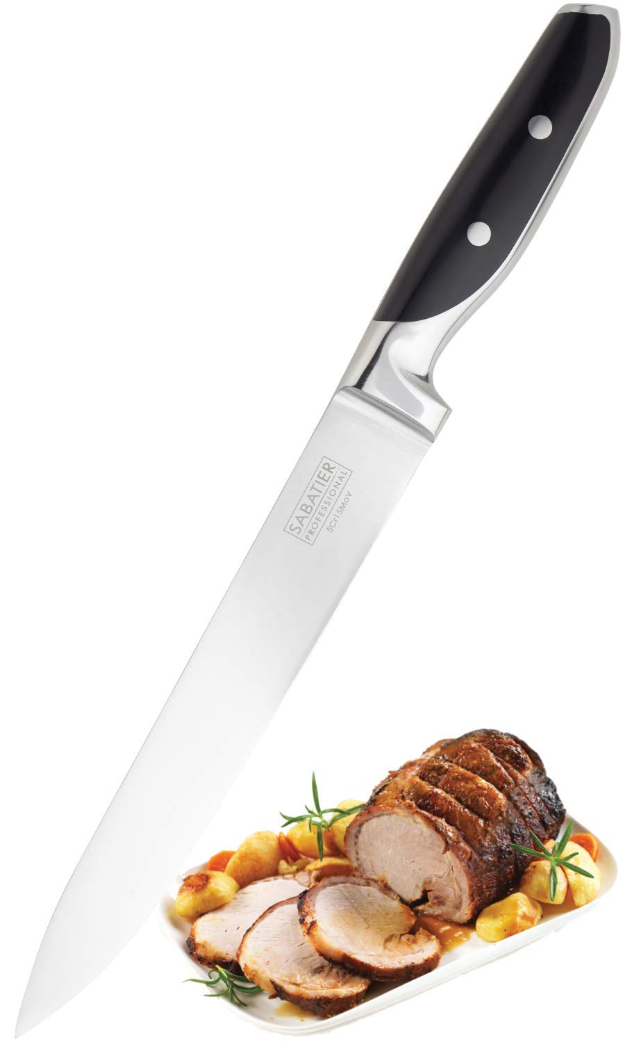 Sabatier Professional Long Carving Knife - 8in/20cm Full Tang Blade, Chrome Taper Ground Stainless Steel, Twin Rivet Comfort Handle
