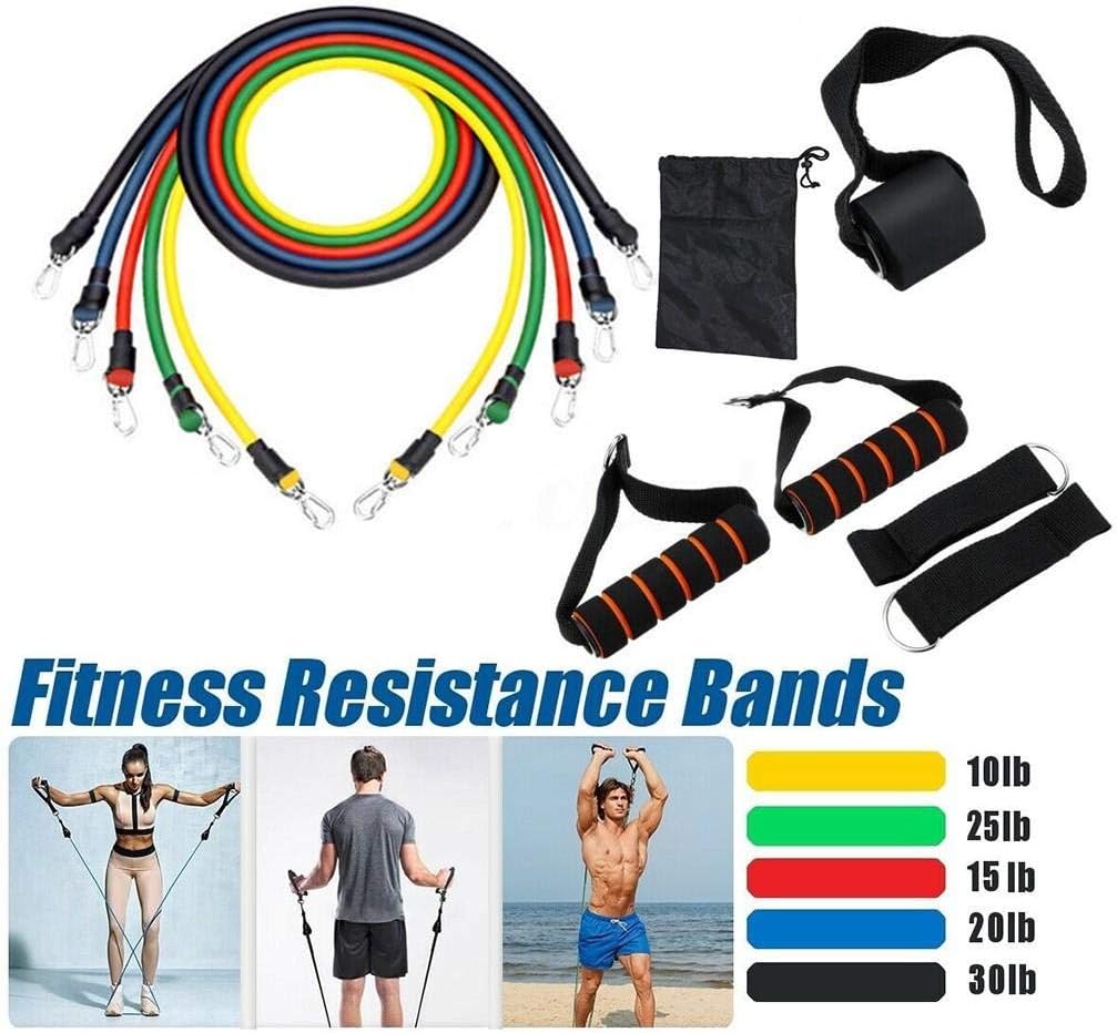 11PCS Resistance Bands Set Workout Exercise Bands with Handles Door Anchor Carry Bag Resistance Loop Bands for Indoor Home Fitness Crossfit Stretching Strength Training