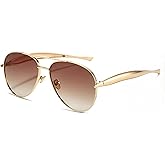 LASPOR Trendy Oversized Aviator Sunglasses for Women Men Metal Shades 70s Aviators Sun Glasses (Gold Frame/Brown Gradient Lens)