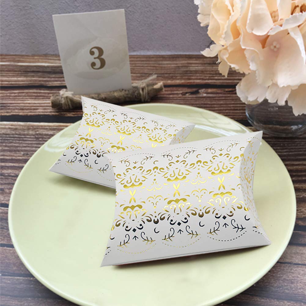 100pcs Gold Pillow Box,Kraft Paper Pillow Boxes Candy Treat Gift Boxes for Wedding Bridal Shower Baby Shower Birthday Party Supplies