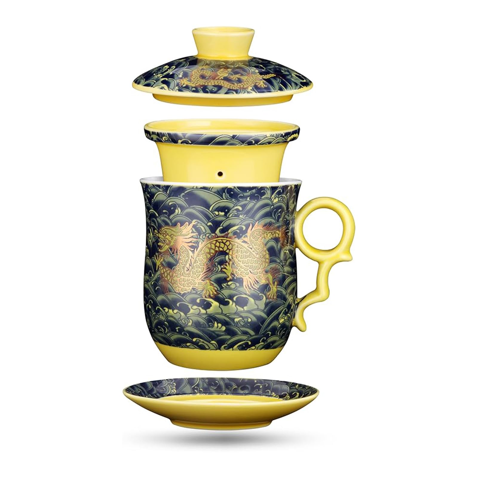 YURROAD 400ml Chinese Tea Mug with Infuser, Lid, Strainer and Saucer Ceramic Chinese Tea Cup Dragon Pattern for Father's Day Gift - Drak Green TC400